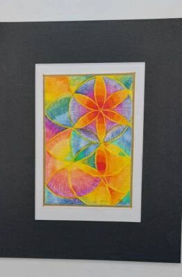 Abstract drawing by Shoshanah Shear entitled Circle of Radiance. The drawing is vibrant colours in circular design with mounted with a black border.